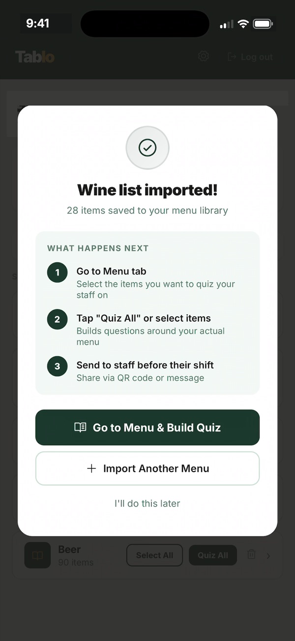 Menu imported: 28 items saved, with next steps to build a quiz