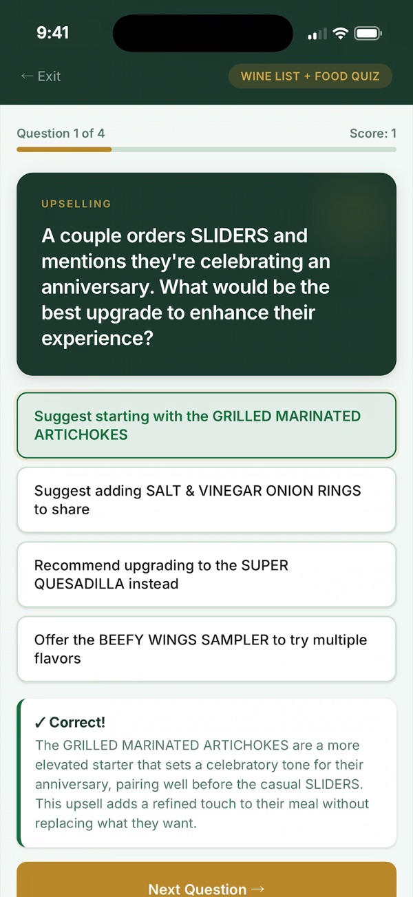A quiz question answered correctly, with the why-it-matters explanation